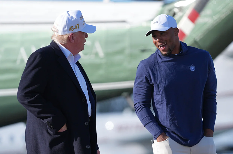 President Trump walks with Philadelphia Eagles running back Saquon Barkley before boarding Air Force One at Morristown Municipal Airport April 27, 2025, in Morristown, New Jersey. (Credit: Evan Vucci/Associated Press)