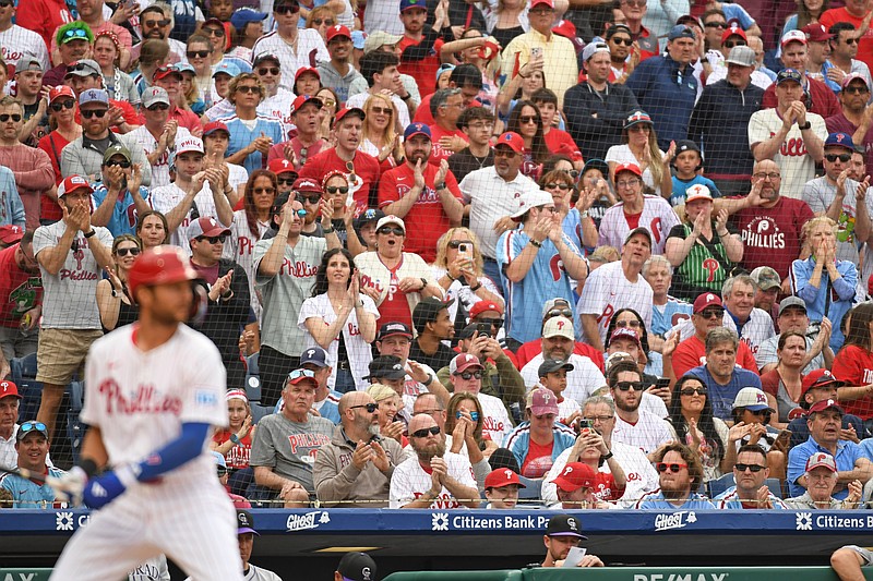 Mar 31, 2025; Philadelphia, Pennsylvania, USA; Philadelphia Phillies fans cheer during at bat by shortstop Trea Turner (7) against the Colorado Rockies at Citizens Bank Park. Mandatory Credit: Eric Hartline-Imagn Images