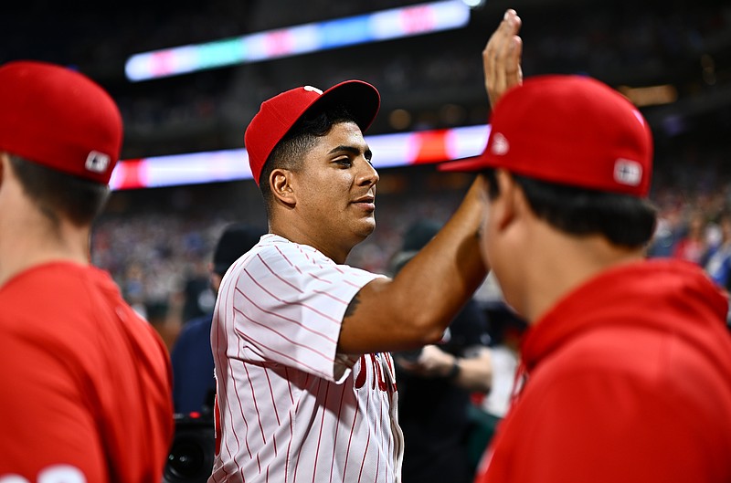 Apr 16, 2024; Philadelphia, Pennsylvania, USA; Philadelphia Phillies starting pitcher Ranger Suarez (55) celebrates with teammates after pitching a complete game shutout against the Colorado Rockies at Citizens Bank Park. Mandatory Credit: Kyle Ross-USA TODAY Sports
