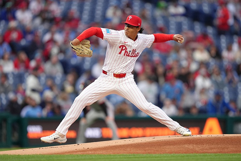 Apr 15, 2025; Philadelphia, Pennsylvania, USA; Philadelphia Phillies starting pitcher Jesus Luzardo (44) throws a pitch against the San Francisco Giants in the first inning at Citizens Bank Park. All players wore #42 for Jackie Robinson Day. Mandatory Credit: Kyle Ross-Imagn Images