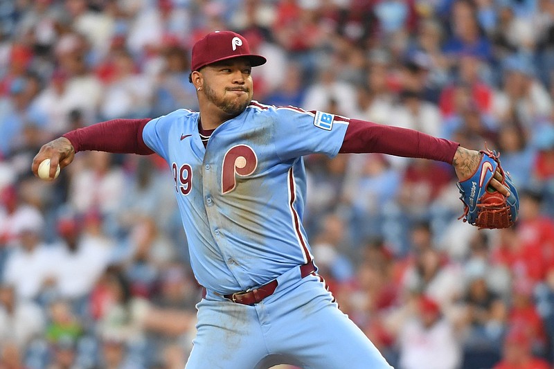 May 1, 2025; Philadelphia, Pennsylvania, USA; Philadelphia Phillies pitcher Taijuan Walker (99) throws a pitch during the second inning against the Washington Nationals at Citizens Bank Park. Mandatory Credit: Eric Hartline-Imagn Images