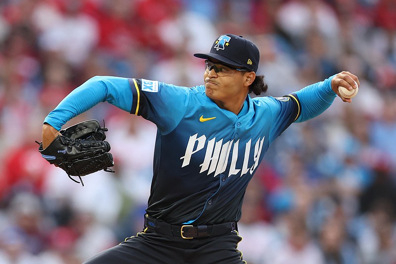 Apr 4, 2025; Philadelphia, Pennsylvania, USA; Philadelphia Phillies pitcher Jesœs Luzardo (44) throws a pitch against the Los Angeles Dodgers during the first inning at Citizens Bank Park. Mandatory Credit: Bill Streicher-Imagn Images