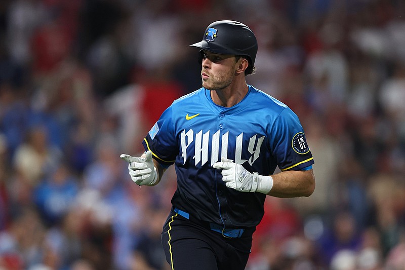 May 2, 2025; Philadelphia, Pennsylvania, USA; Philadelphia Phillies outfielder Max Kepler (17) runs the bases after hitting a home run against the Arizona Diamondbacks during the seventh inning at Citizens Bank Park. Mandatory Credit: Bill Streicher-Imagn Images