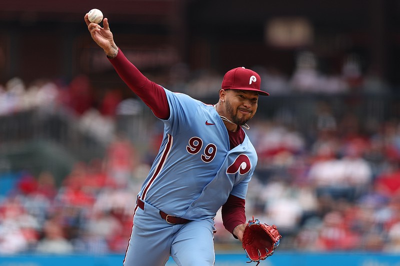 Apr 3, 2025; Philadelphia, Pennsylvania, USA; Philadelphia Phillies pitcher Taijuan Walker (99) throws a pitch during the third inning against the Colorado Rockies at Citizens Bank Park. Mandatory Credit: Bill Streicher-Imagn Images