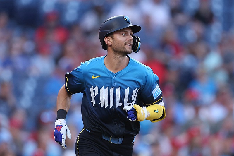 May 2, 2025; Philadelphia, Pennsylvania, USA; Philadelphia Phillies shortstop Trea Turner (7) runs the bases after hitting a single against the Arizona Diamondbacks during the first inning at Citizens Bank Park. Mandatory Credit: Bill Streicher-Imagn Images