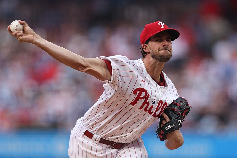 May 3, 2025; Philadelphia, Pennsylvania, USA; Philadelphia Phillies pitcher Aaron Nola (27) throws a pitch during the second inning against the Arizona Diamondbacks at Citizens Bank Park. Mandatory Credit: Bill Streicher-Imagn Images