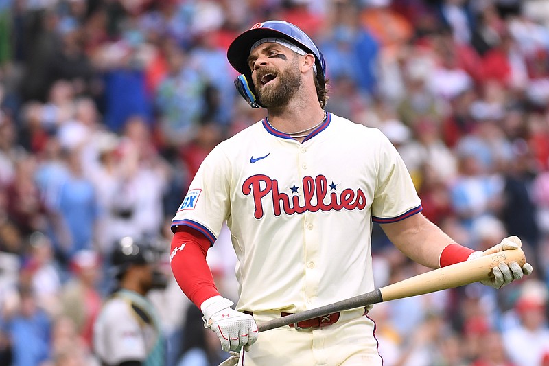 May 4, 2025; Philadelphia, Pennsylvania, USA; Philadelphia Phillies first base Bryce Harper (3) reacts after hitting a flying out to center during the tenth inning against the Arizona Diamondbacks at Citizens Bank Park. Mandatory Credit: Eric Hartline-Imagn Images