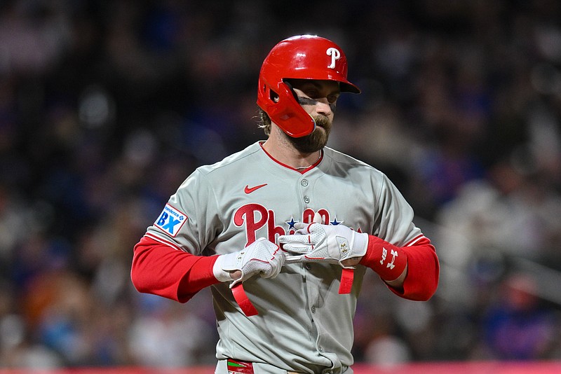 Apr 21, 2025; New York City, New York, USA; Philadelphia Phillies first baseman Bryce Harper (3) during a game against the New York Mets at Citi Field. Mandatory Credit: John Jones-Imagn Images