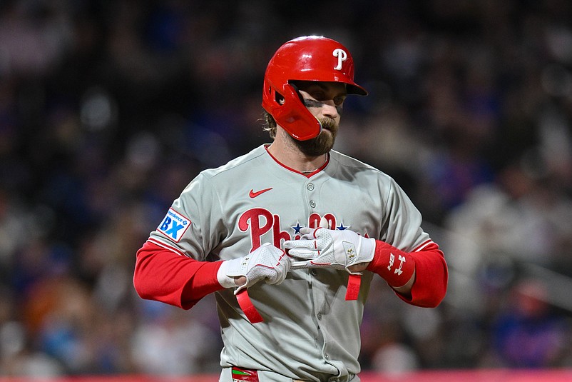 Apr 21, 2025; New York City, New York, USA; Philadelphia Phillies first baseman Bryce Harper (3) during a game against the New York Mets at Citi Field. Mandatory Credit: John Jones-Imagn Images