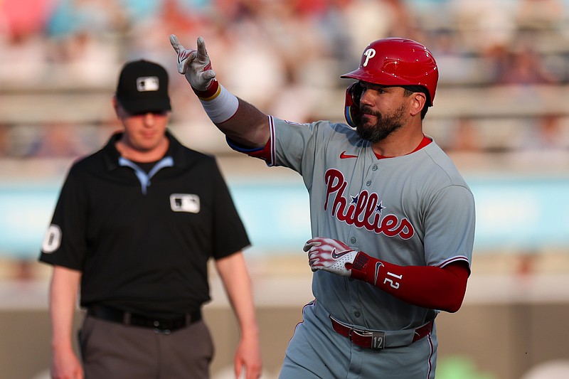 May 6, 2025; Tampa, Florida, USA; Philadelphia Phillies designated hitter Kyle Schwarber (12) runs the bases after hitting a solo home runagainst the Tampa Bay Rays in the first inning at George M. Steinbrenner Field. Mandatory Credit: Nathan Ray Seebeck-Imagn Images