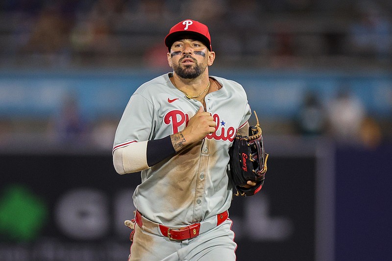 May 6, 2025; Tampa, Florida, USA; Philadelphia Phillies right fielder Nick Castellanos (8) jogs off the field after the eighth inning against the Tampa Bay Rays at George M. Steinbrenner Field. Mandatory Credit: Nathan Ray Seebeck-Imagn Images