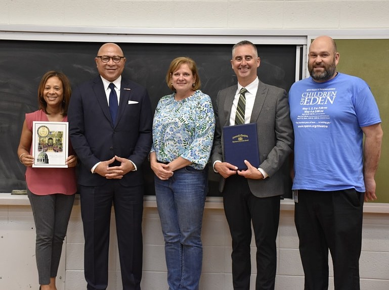 State lawmakers including State Sen. Tracy Pennycuick, center, and state Auditor General Timothy DeFoor, second from left, visited North Penn High School on Wednesday, April 30, 2025 and were greeted by district Assistant Superintendent D’Ana Waters, at left; Superintendent Todd Bauer, fourth from left; and high school Principal Kyle Hassler. (Photo courtesy of State Sen. Tracy Pennycuick)