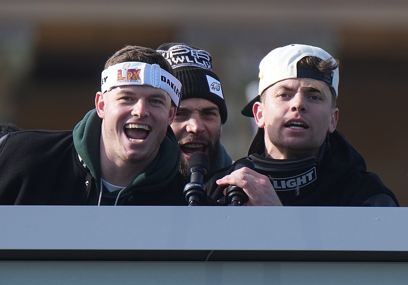 Feb 14, 2025; Philadelphia, PA, USA; Philadelphia Eagles safety Reed Blankenship (32), tight end Dallas Goedert (88) and cornerback Cooper DeJean (33) during the Super Bowl LIX championship parade and rally. Mandatory Credit: Kirby Lee-Imagn Images