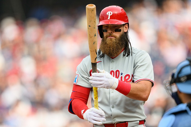 Mar 29, 2025; Washington, District of Columbia, USA; Philadelphia Phillies outfielder Brandon Marsh (16) at bat during the seventh inning against the Washington Nationals at Nationals Park. Mandatory Credit: Reggie Hildred-Imagn Images