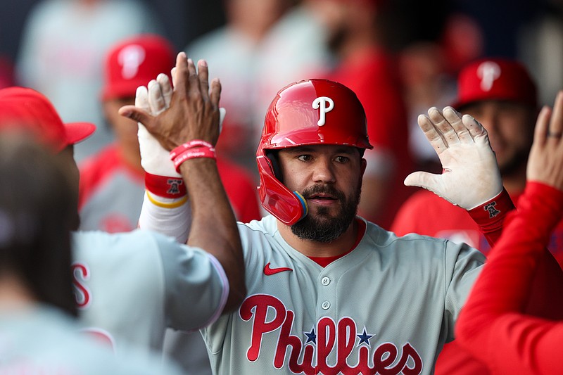 May 6, 2025; Tampa, Florida, USA; Philadelphia Phillies designated hitter Kyle Schwarber (12) reacts after hitting a solo home runagainst the Tampa Bay Rays in the first inning at George M. Steinbrenner Field. Mandatory Credit: Nathan Ray Seebeck-Imagn Images