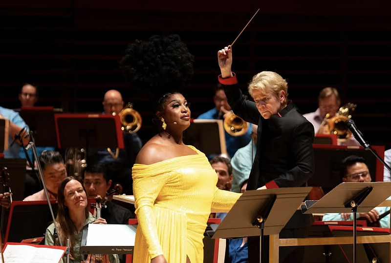 Drag Race star Sapphira Cristár (right) hosted the 2024 Pride Concert with the Philadelphia Orchestra, alongside Principal Guest Conductor Designate Marin Alsop (left). Credit: The Philadelphia Orchestra's Instagram