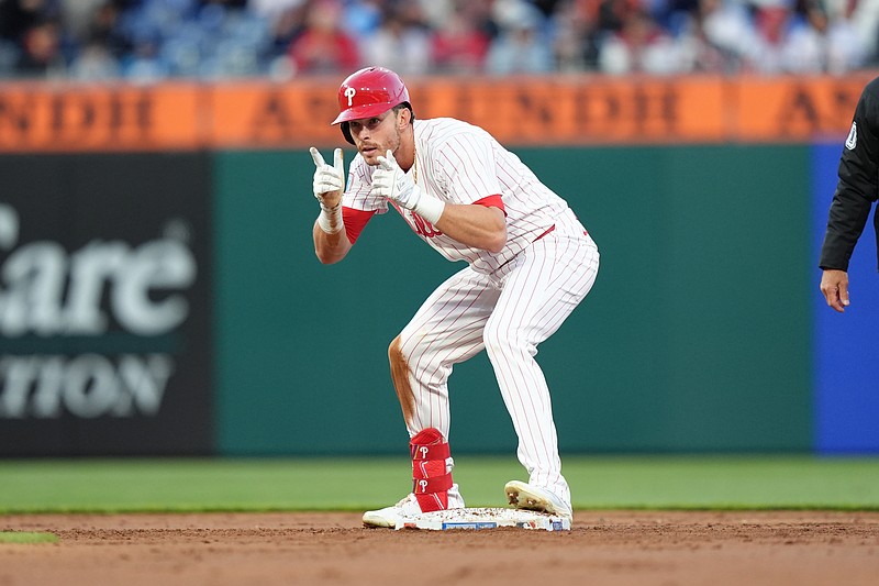 Apr 15, 2025; Philadelphia, Pennsylvania, USA; Philadelphia Phillies outfielder Max Kepler (17) reacts after hitting a double against the San Francisco Giants in the second inning at Citizens Bank Park. All players wore #42 for Jackie Robinson Day. Mandatory Credit: Kyle Ross-Imagn Images