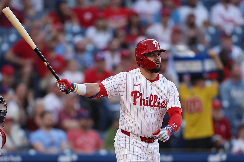 Apr 30, 2025; Philadelphia, Pennsylvania, USA; Philadelphia Phillies outfielder Kyle Schwarber (12) hits a three eRBI home run against the Washington Nationals during the first inning at Citizens Bank Park. Mandatory Credit: Bill Streicher-Imagn Images