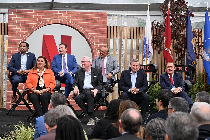 FORT MONMOUTH, NEW JERSEY - MAY 13: (L-R) Vin Gopal, Anne Kelly, Declan O'Scanlon, Phil Murphy, Thomas A. Arnone, Ted Sarandos and Craig Coughlin attend the Fort Monmouth Groundbreaking Ceremony on May 13, 2025 in Fort Monmouth, New Jersey. (Photo by Dave Kotinsky/Getty Images for Netflix)