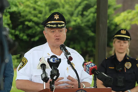 Bucks County Sheriff Fred Harran speaking on Friday (Credit: Tom Sofield/LevittownNow.com)