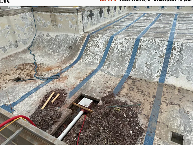 Debris can be seen on the surface of the main pool at Whites Road Park in Lansdale during a pool re-plastering project in April 2025. (Photo courtesy of Lansdale Parks and Recreation Department)