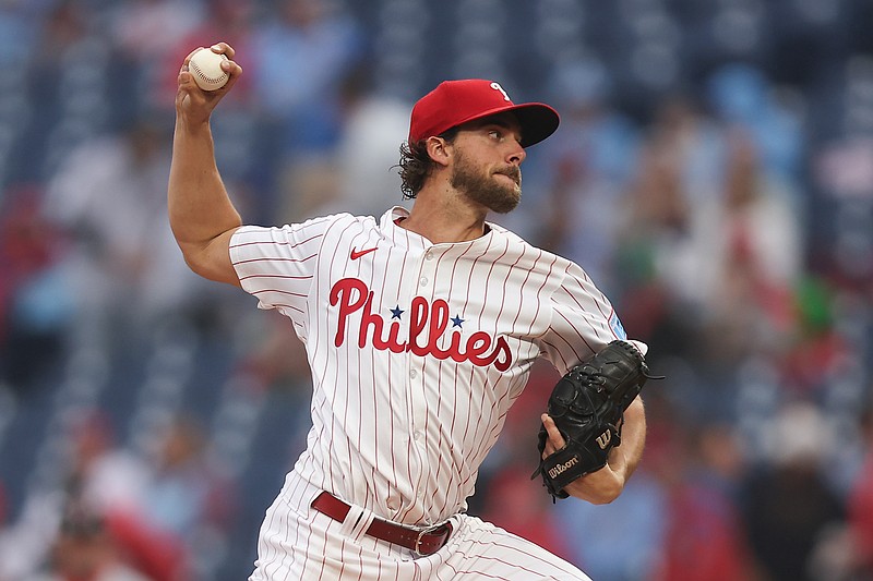 May 14, 2025; Philadelphia, Pennsylvania, USA; Philadelphia Phillies pitcher Aaron Nola (27) throws a pitch during the first inning against the St. Louis Cardinals at Citizens Bank Park. Mandatory Credit: Bill Streicher-Imagn Images