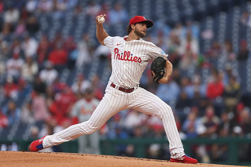 May 14, 2025; Philadelphia, Pennsylvania, USA; Philadelphia Phillies pitcher Aaron Nola (27) throws a pitch during the first inning against the St. Louis Cardinals at Citizens Bank Park. Mandatory Credit: Bill Streicher-Imagn Images