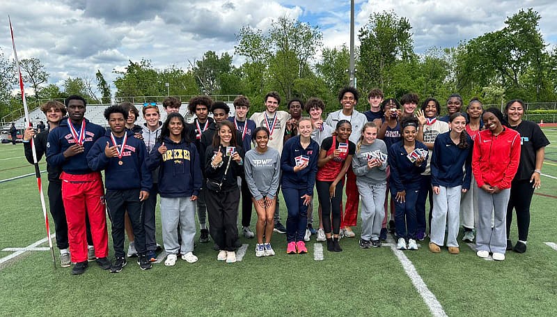 Members of the PWHS Track and Field team at Suburban One League Championships (Credit: Plymouth Whitemarsh High School).
