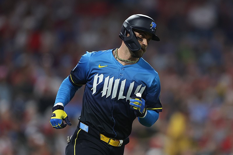 May 16, 2025; Philadelphia, Pennsylvania, USA; Philadelphia Phillies first base Bryce Harper (3) runs the bases after hitting a single during the first inning against the Pittsburgh Pirates at Citizens Bank Park. Mandatory Credit: Bill Streicher-Imagn Images