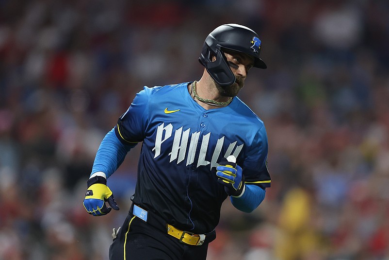 May 16, 2025; Philadelphia, Pennsylvania, USA; Philadelphia Phillies first base Bryce Harper (3) runs the bases after hitting a single during the first inning against the Pittsburgh Pirates at Citizens Bank Park. Mandatory Credit: Bill Streicher-Imagn Images