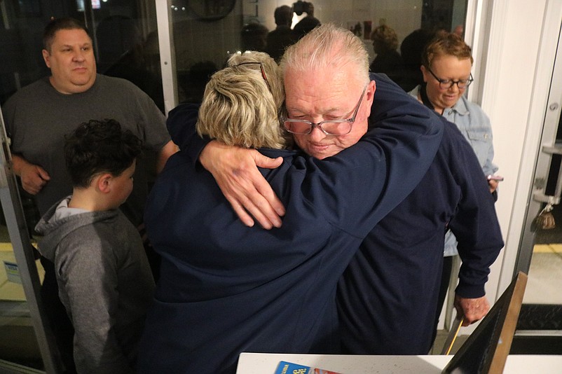 Councilman J.B. Feeley exchanged a hug with Councilwoman Mary Tighe on Election Night after the vote totals showed Feeley losing his bid for re-election.