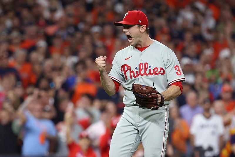 Oct 28, 2022; Houston, Texas, USA; Philadelphia Phillies relief pitcher David Robertson (30) reacts after defeating the Houston Astros in game one of the 2022 World Series at Minute Maid Park. Mandatory Credit: Troy Taormina-USA TODAY Sports