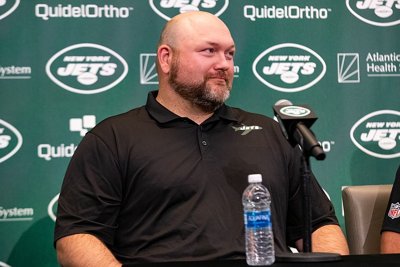 Apr 26, 2023; Florham Park, NJ, USA; New York Jets general manager Joe Douglas addresses the media during the introductory press conference for quarterback Aaron Rodgers (8) (not pictured) at Atlantic Health Jets Training Center. Mandatory Credit: Tom Horak-USA TODAY Sports