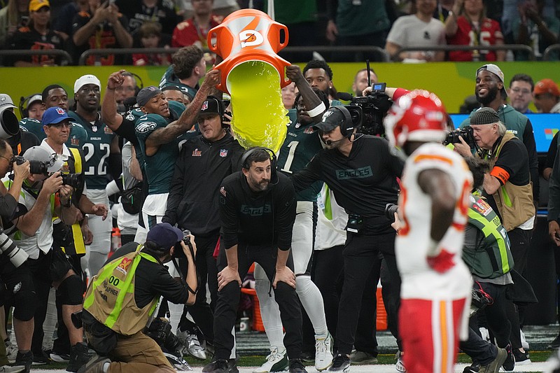 Feb 9, 2025; New Orleans, LA, USA; Philadelphia Eagles head coach Nick Sirianni is dunked with gatorade during the second half of Super Bowl LIX at Caesars Superdome. Mandatory Credit: Kirby Lee-Imagn Images