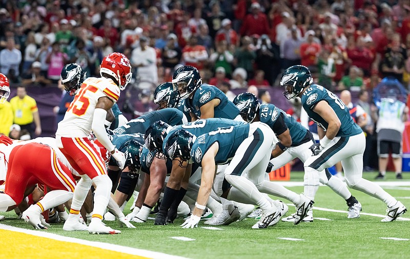 Feb 9, 2025; New Orleans, LA, USA; Philadelphia Eagles  quarterback Jalen Hurts (1) lines up for the tush push play on the goal line against the Kansas City Chiefs during Super Bowl LIX at Ceasars Superdome. Mandatory Credit: Mark J. Rebilas-Imagn Images