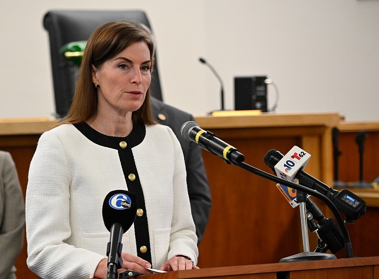 Solicitor Amy Fitzpatrick speaking. (Credit: Bucks County District Attorney’s Office)