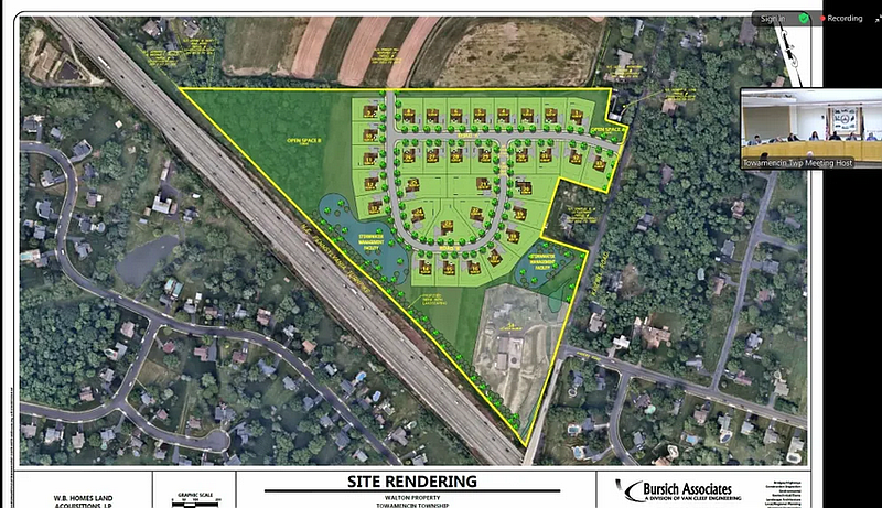 Towamencin’s board of supervisors, inset, see a concept plan from developer W.B. Homes for a cluster development of 33 houses between Kriebel Road, at right, and the Northeast Extension of the Pennsylvania Turnpike. (Screenshot of meeting video)