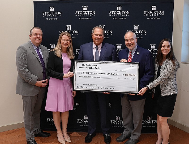 STOCKTON/From left, Dan Nugent, executive director of the Stockton University Foundation; Rachael Honig, Daniel Anderl Judicial Protection Project Foundation board member; Jose Linares, Daniel Anderl Judicial Protection Project Foundation board member; Stockton University President Joe Bertolino; and Mary Toscano, Daniel Anderl Judicial Protection Project Foundation board member.