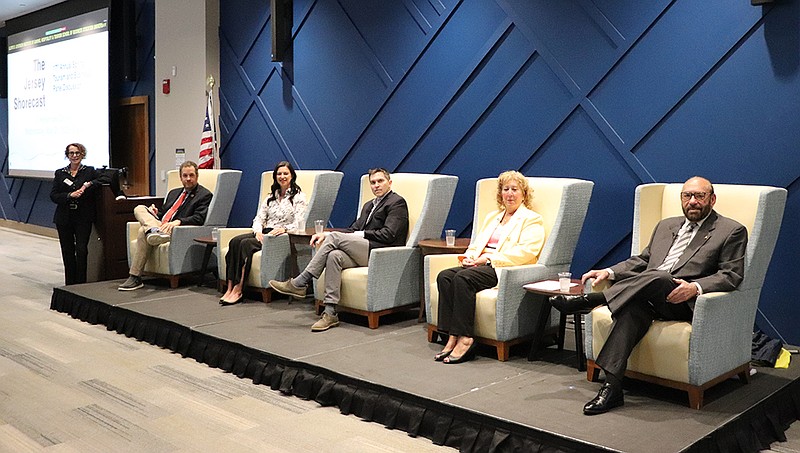 STOCKTON/2025 Shorecast, from left, Jane Bokunewicz, faculty director of the Lloyd D. Levenson Institute of Gaming, Hospitality and Tourism (LIGHT) at the Stockton University School of Business; Nicholas Huba, digital editor at The Press of Atlantic City; Karina Anthony, executive director of marketing at Visit Atlantic City; Oliver Cooke, associate professor of Economics at Stockton and editor of the South Jersey Economic Review; Joann DelVescio, executive director of New Jersey Campground Owners and Outdoor Lodging Association and Ben Rose, director of marketing and public relations, Greater Wildwoods Tourism Authority.