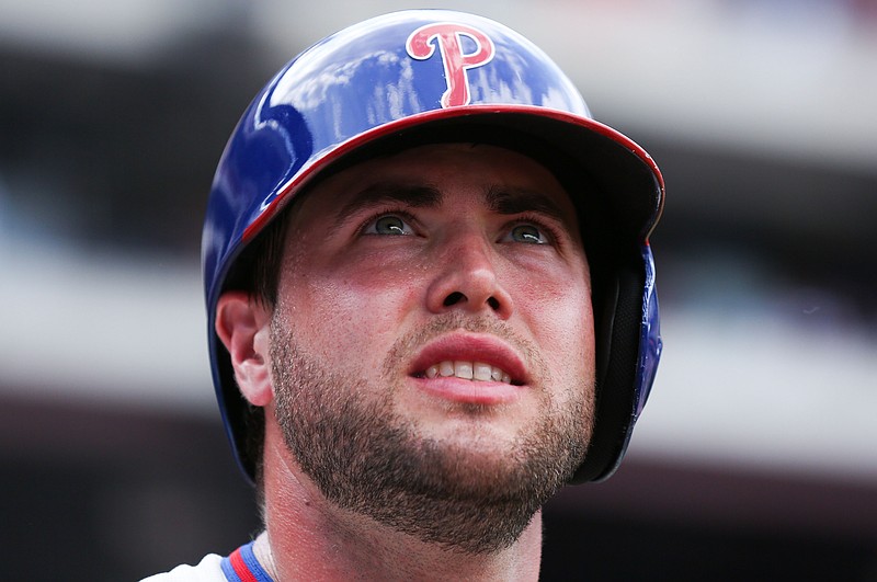 Jul 27, 2014; Philadelphia, PA, USA; Philadelphia Phillies left fielder Darin Ruf (18) looks into the stands from the on deck circle during a game against the Arizona Diamondbacks at Citizens Bank Park. The Phillies won 4-2. Mandatory Credit: Bill Streicher-USA TODAY Sports
