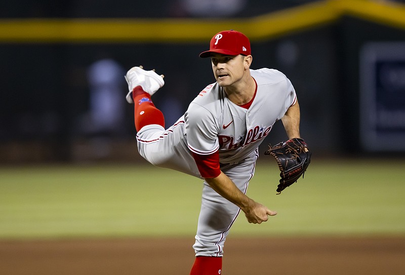 Aug 30, 2022; Phoenix, Arizona, USA; Philadelphia Phillies pitcher David Robertson against the Arizona Diamondbacks at Chase Field. Mandatory Credit: Mark J. Rebilas-USA TODAY Sports