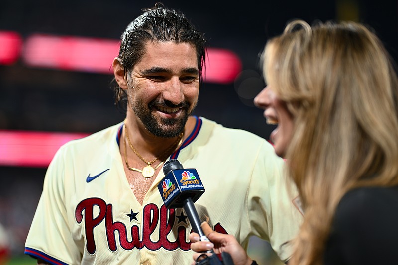 Oct 6, 2024; Philadelphia, Pennsylvania, USA; Philadelphia Phillies outfielder Nick Castellanos (8) is interviewed after game two of the NLDS against the New York Mets for the 2024 MLB Playoffs at Citizens Bank Park. Mandatory Credit: Kyle Ross-Imagn Images