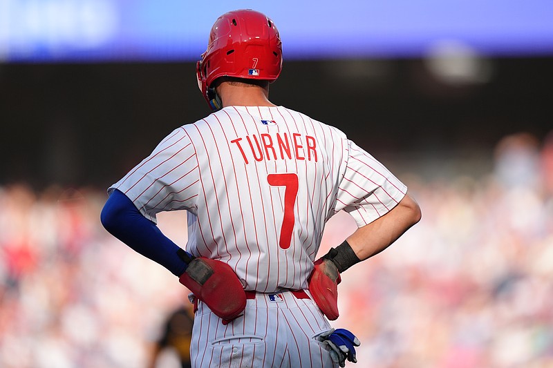 May 17, 2025; Philadelphia, Pennsylvania, USA; Philadelphia Phillies infielder Trea Turner (7) takes a lead from third against the Pittsburgh Pirates in the first inning at Citizens Bank Park. Mandatory Credit: Kyle Ross-Imagn Images