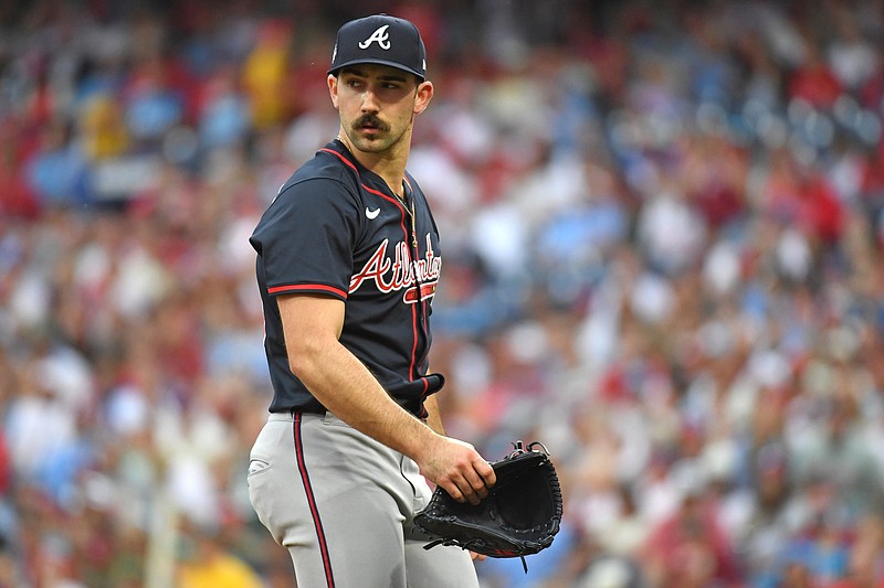 May 27, 2025; Philadelphia, Pennsylvania, USA; Atlanta Braves pitcher Spencer Strider (99) walks off the field after the first inning against the Philadelphia Phillies at Citizens Bank Park. Mandatory Credit: Eric Hartline-Imagn Images