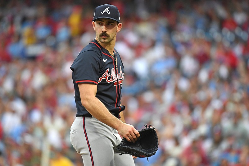 May 27, 2025; Philadelphia, Pennsylvania, USA; Atlanta Braves pitcher Spencer Strider (99) walks off the field after the first inning against the Philadelphia Phillies at Citizens Bank Park. Mandatory Credit: Eric Hartline-Imagn Images