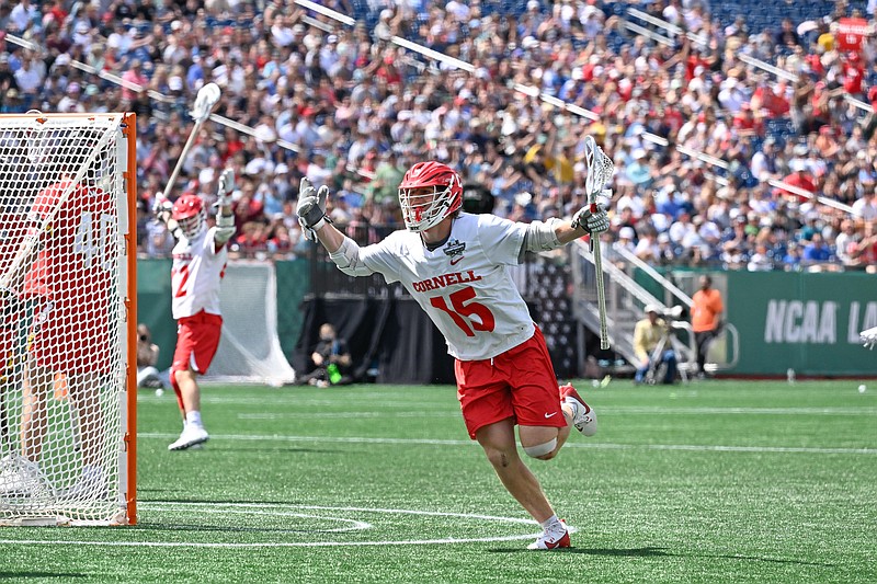 May 26, 2025; Foxborough, MA, USA; Cornell attack CJ Kirst (15) celebrates a goal against the Maryland Terrapins during the second half at Gillette Stadium. Mandatory Credit: Eric Canha-Imagn Images