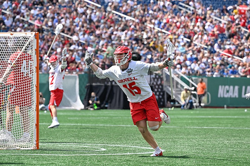 May 26, 2025; Foxborough, MA, USA; Cornell attack CJ Kirst (15) celebrates a goal against the Maryland Terrapins during the second half at Gillette Stadium. Mandatory Credit: Eric Canha-Imagn Images