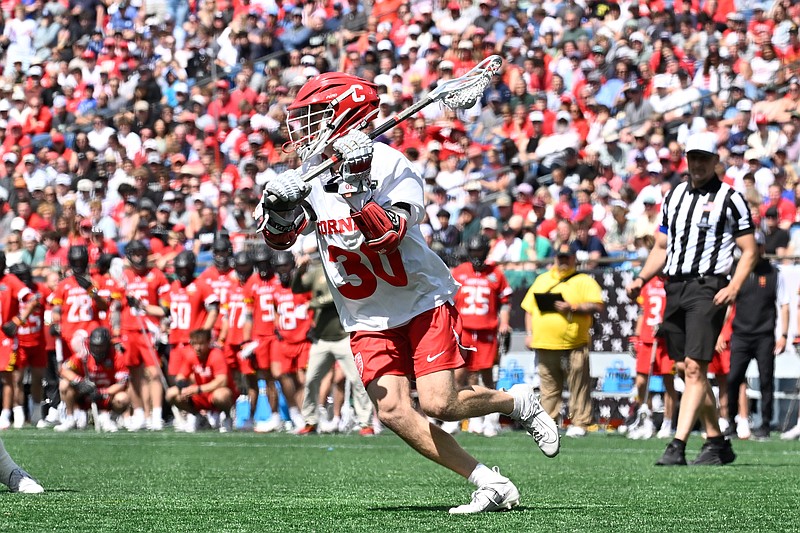 May 26, 2025; Foxborough, MA, USA; Cornell attack Ryan Goldstein (30) passes the ball against the Maryland Terrapins during the second half at Gillette Stadium. Mandatory Credit: Eric Canha-Imagn Images