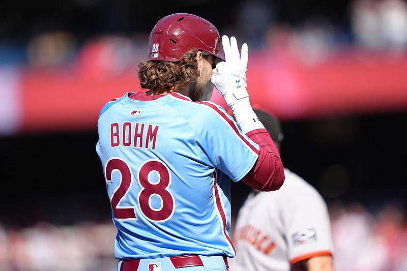 Apr 17, 2025; Philadelphia, Pennsylvania, USA; Philadelphia Phillies infielder Alec Bohm (28) reacts after hitting an RBI triple against the San Francisco Giants in the first inning at Citizens Bank Park. Mandatory Credit: Kyle Ross-Imagn Images