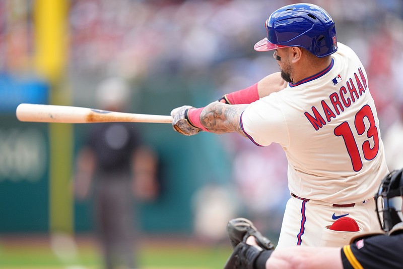 May 18, 2025; Philadelphia, Pennsylvania, USA; Philadelphia Phillies catcher Rafael Marchan (13) bats against the Pittsburgh Pirates in the third inning at Citizens Bank Park. Mandatory Credit: Kyle Ross-Imagn Images